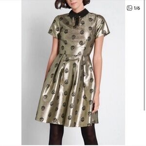 Modcloth Halloween Gold and Black Skull Mini Dress